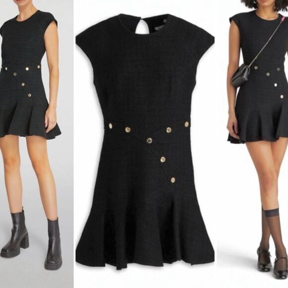 Sandro Paris‎ Black Tweed Dress Gold Buttons Cap Sleeve Size 34/ US 2 NWT - Picture 1 of 16
